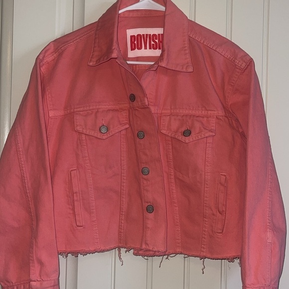 Boyish The Harvey Crop Denim Jacket In Coral Pink size Small  NWT - Picture 6 of 11